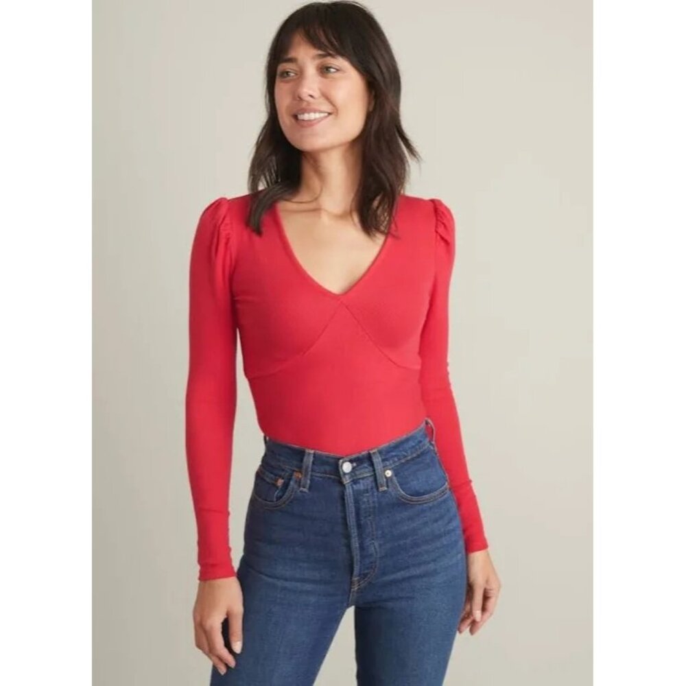 Marine Layer Womens Lexi Rib V-Neck Puff Shoulder Blouse (L) Top Barberry Pink